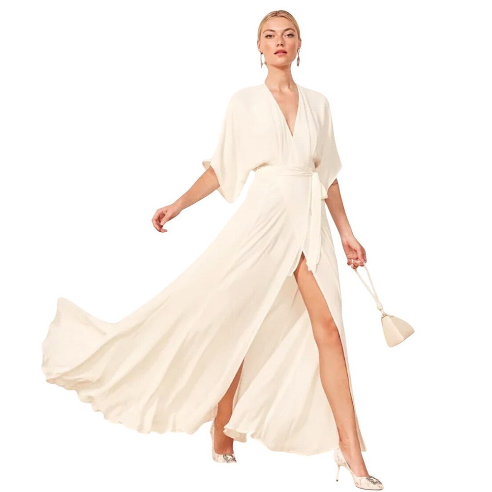 Reformation Winslow Wrap Ivory Maxi Dress Kimono Sleeve V-Neck Size 8